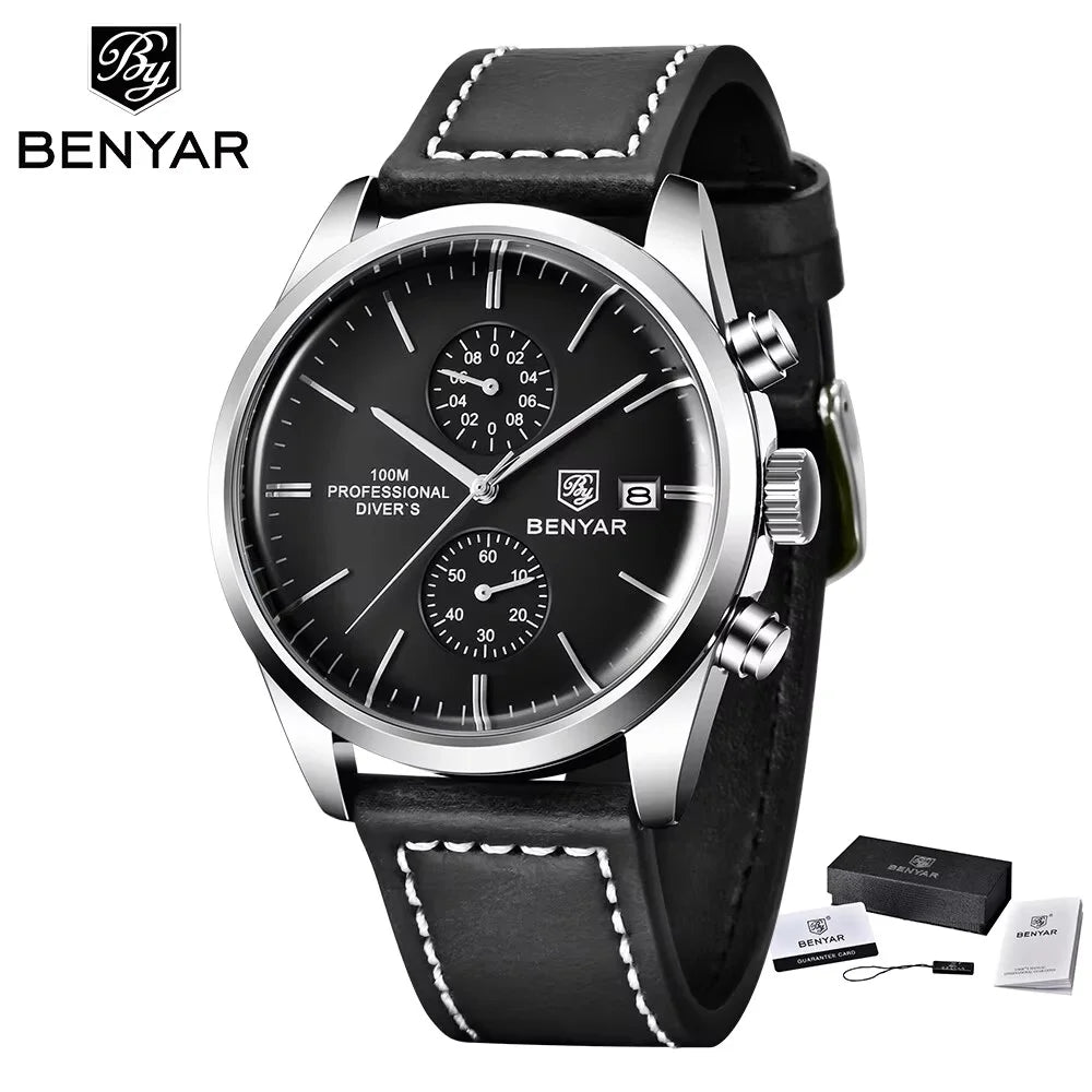 BENYAR Leather Men Quartz Wristwatches Luxury Brand 100M Waterproof Men Watch Military Sports Chronograph Watch For Men
