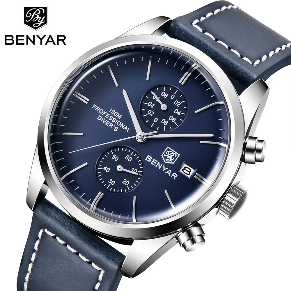 BENYAR Leather Men Quartz Wristwatches Luxury Brand 100M Waterproof Men Watch Military Sports Chronograph Watch For Men