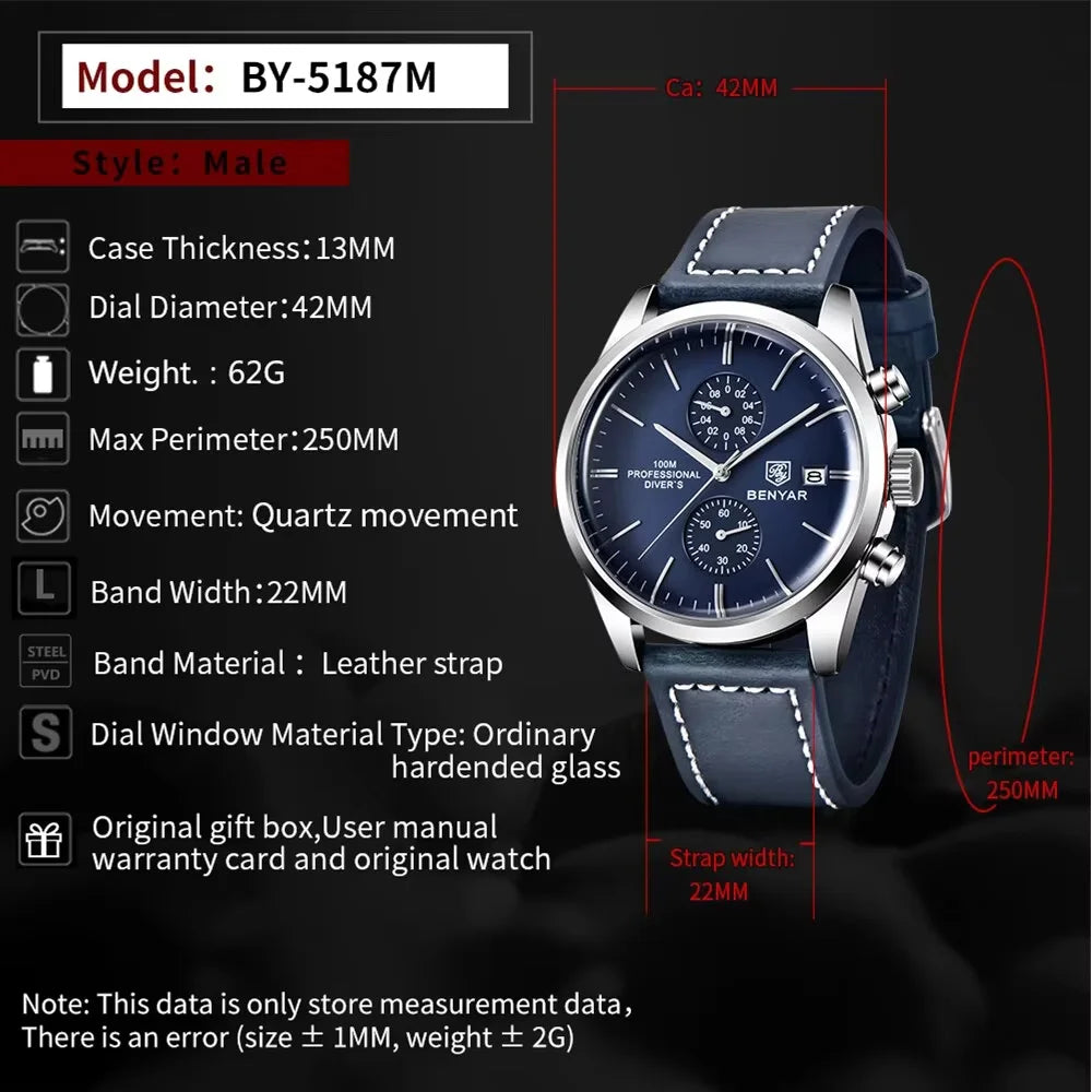 BENYAR Leather Men Quartz Wristwatches Luxury Brand 100M Waterproof Men Watch Military Sports Chronograph Watch For Men