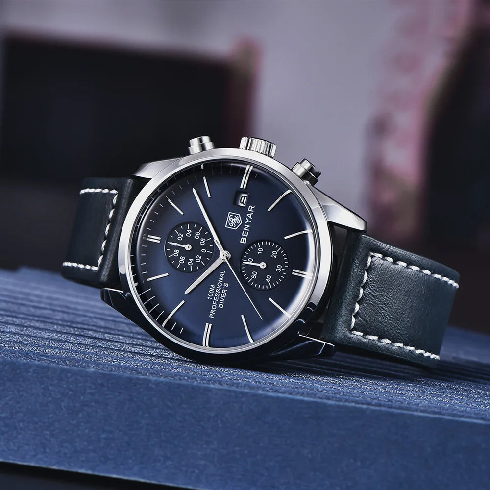 BENYAR Leather Men Quartz Wristwatches Luxury Brand 100M Waterproof Men Watch Military Sports Chronograph Watch For Men