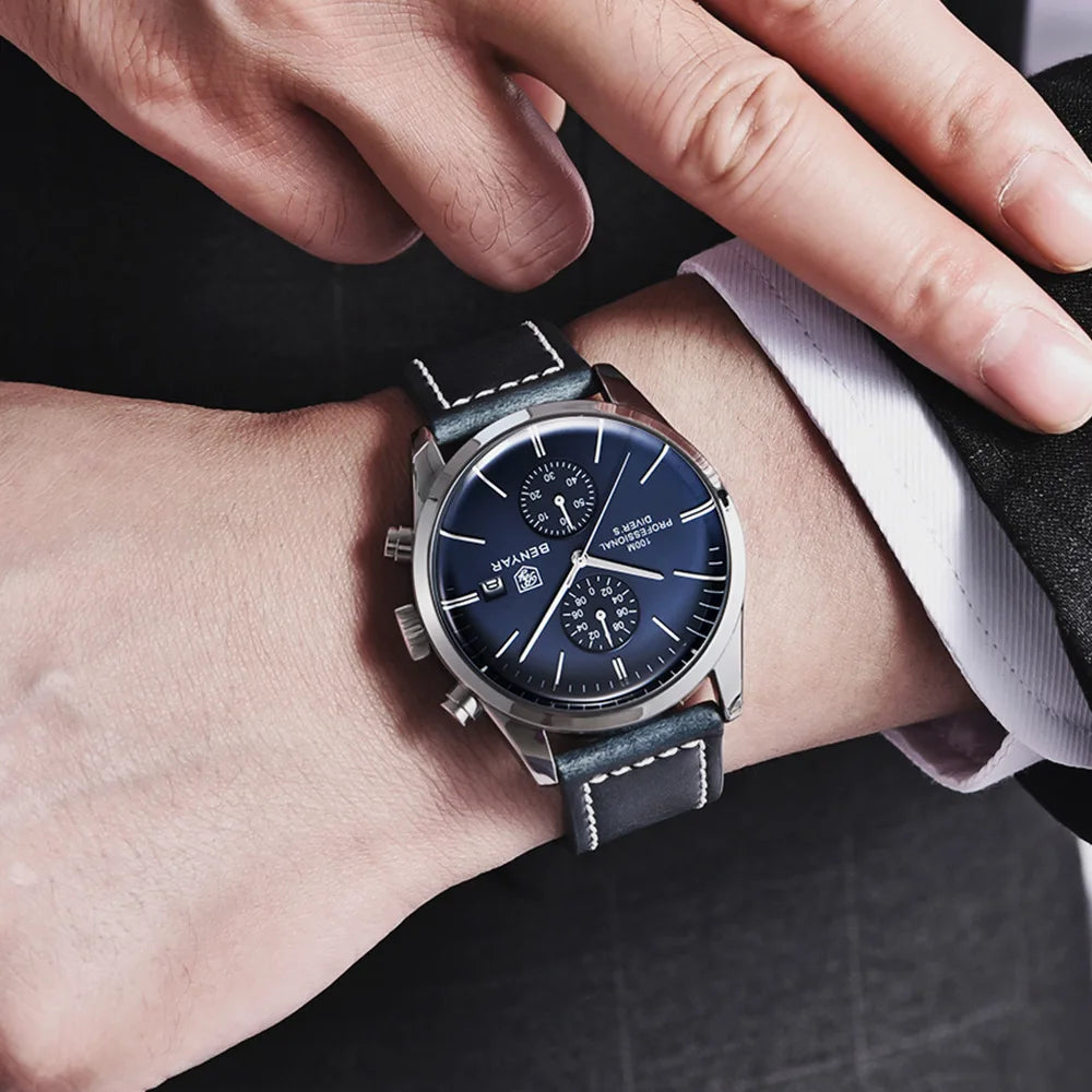 BENYAR Leather Men Quartz Wristwatches Luxury Brand 100M Waterproof Men Watch Military Sports Chronograph Watch For Men