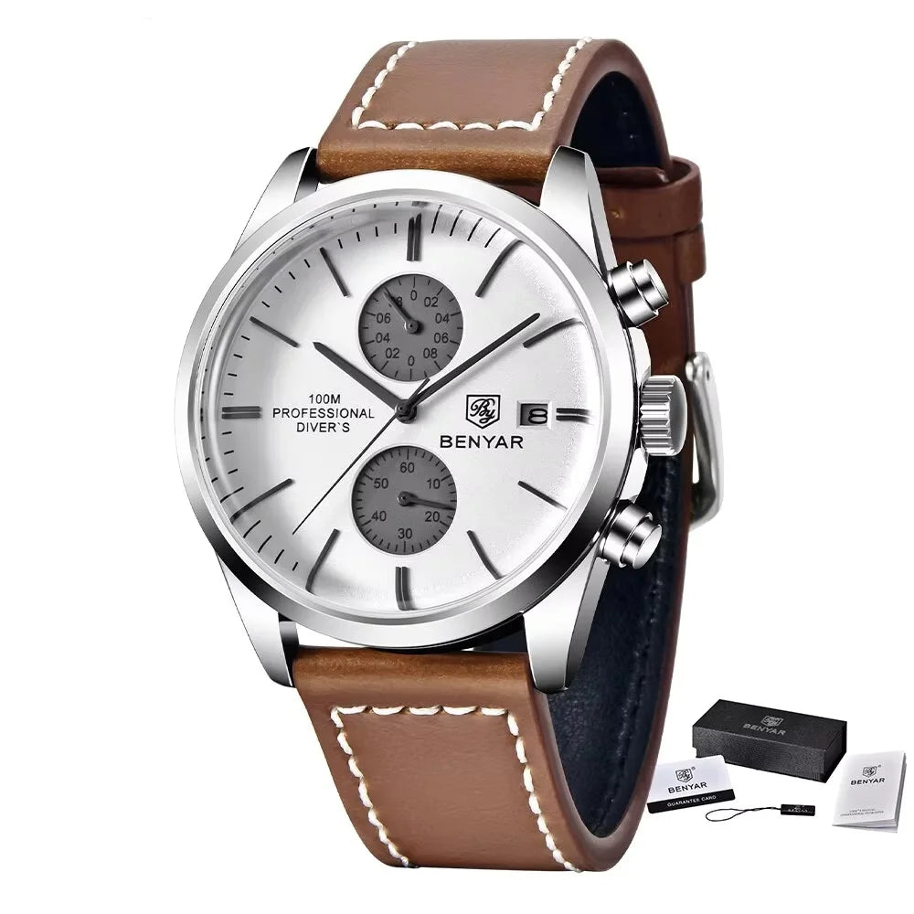 BENYAR Leather Men Quartz Wristwatches Luxury Brand 100M Waterproof Men Watch Military Sports Chronograph Watch For Men