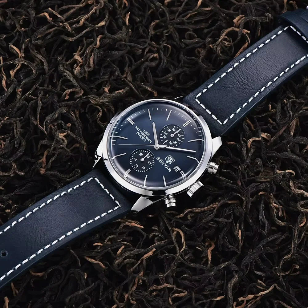 BENYAR Leather Men Quartz Wristwatches Luxury Brand 100M Waterproof Men Watch Military Sports Chronograph Watch For Men