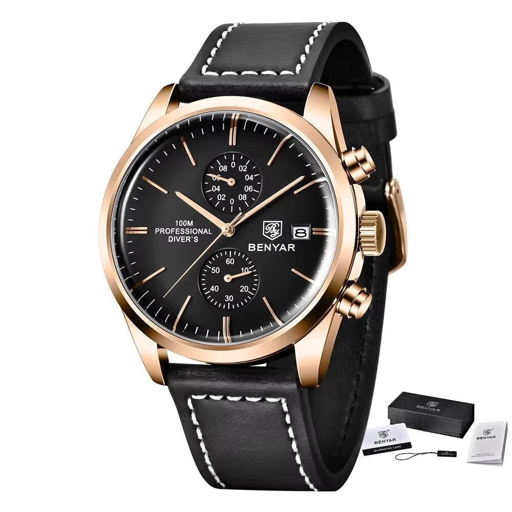 BENYAR Leather Men Quartz Wristwatches Luxury Brand 100M Waterproof Men Watch Military Sports Chronograph Watch For Men