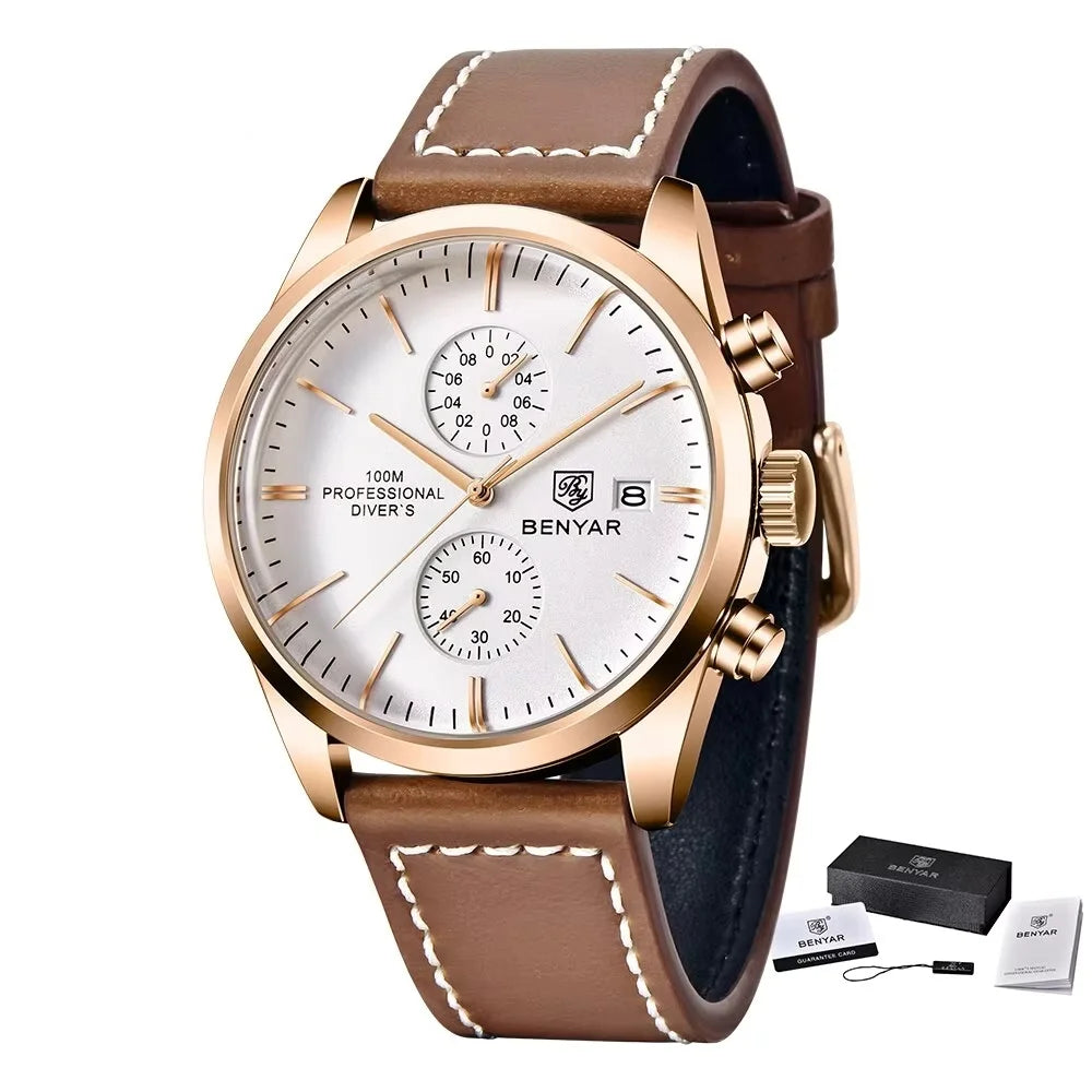 BENYAR Leather Men Quartz Wristwatches Luxury Brand 100M Waterproof Men Watch Military Sports Chronograph Watch For Men