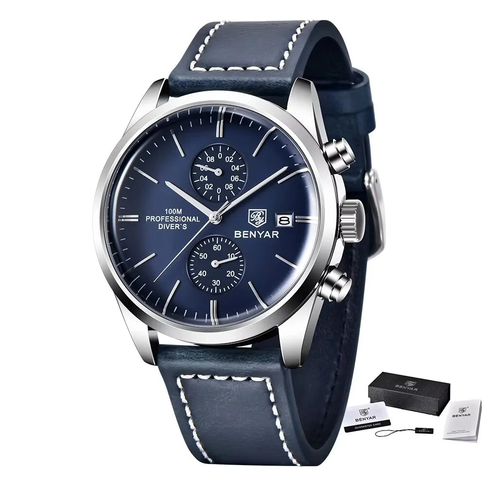 BENYAR Leather Men Quartz Wristwatches Luxury Brand 100M Waterproof Men Watch Military Sports Chronograph Watch For Men