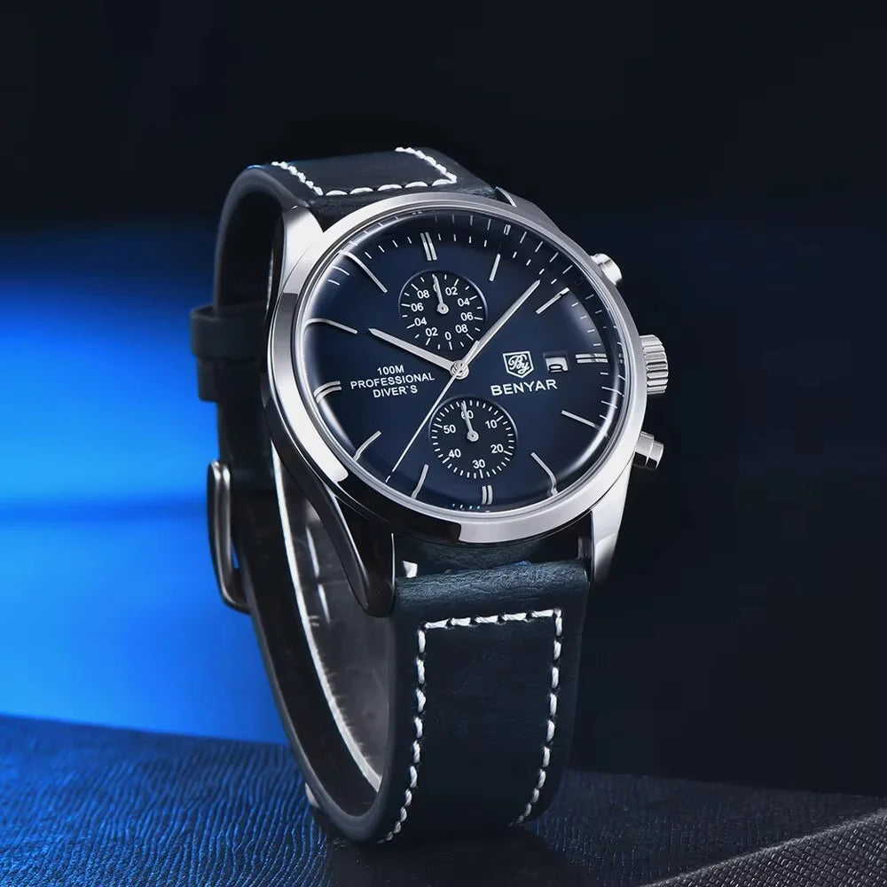 BENYAR Leather Men Quartz Wristwatches Luxury Brand 100M Waterproof Men Watch Military Sports Chronograph Watch For Men